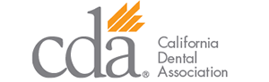 The image displays a logo with the text CDA and below it, California Dental Association. The logo features a stylized letter C in a bold font with a design that suggests a tooth or dental care theme.